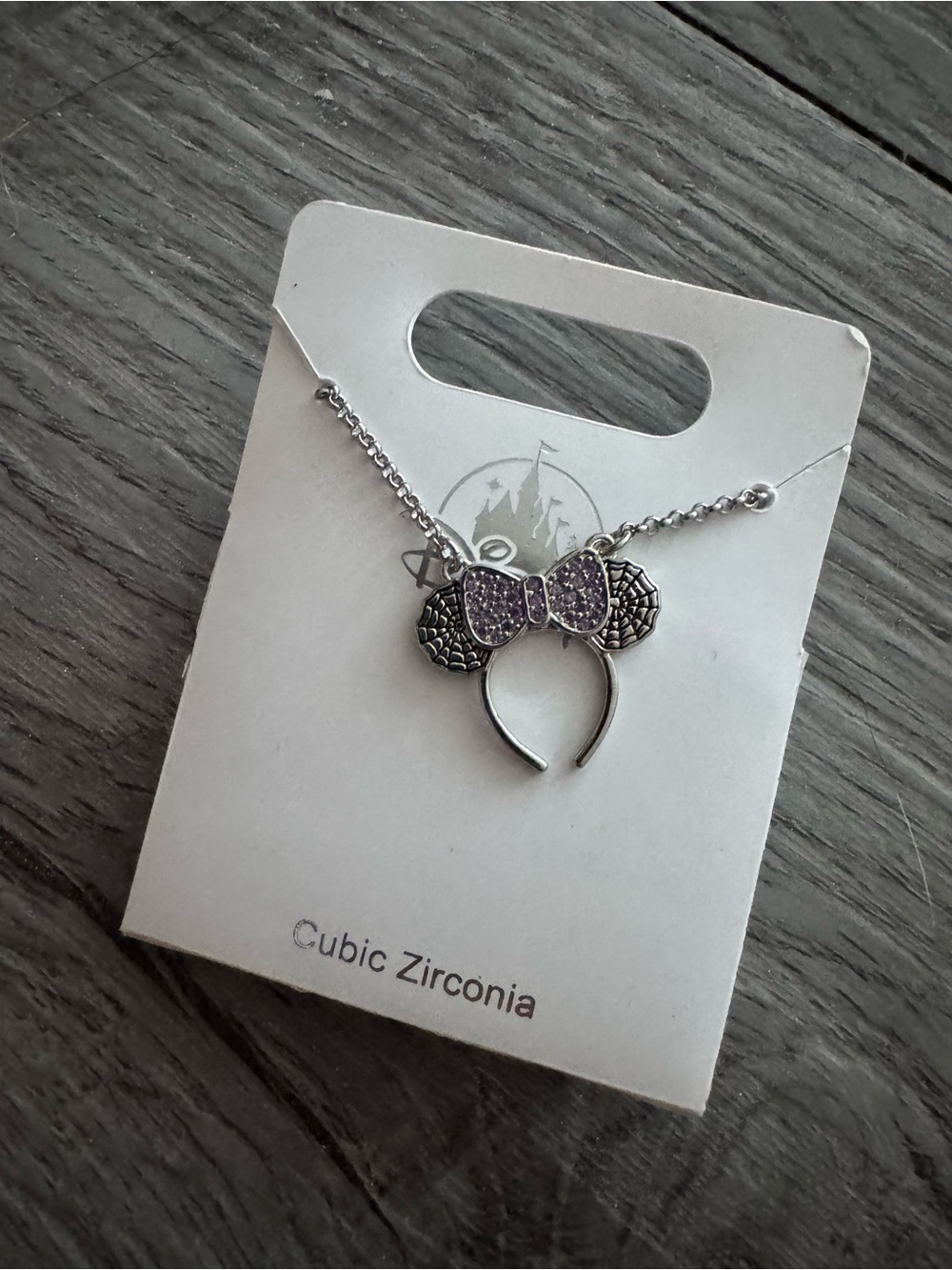 Silver Spider Web Minnie Ears Necklace with Purple Bow - Cubic Zirconia